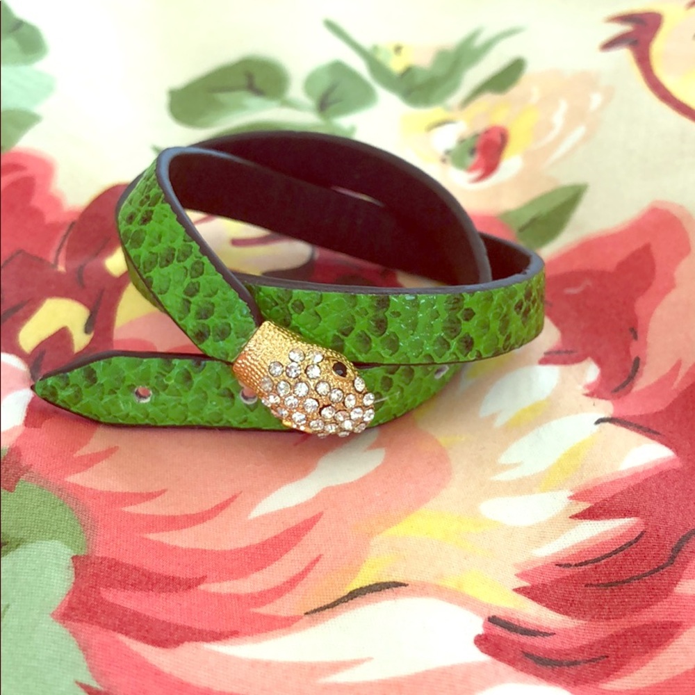 Double Wrap Bracelet green gold snakeskin print leather sparkly rhinestone head